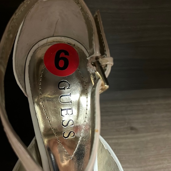 Strappy white and nude heels with cork platform. - Picture 6 of 6